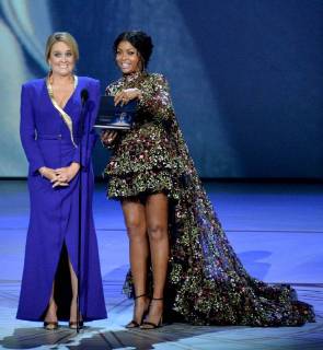 Samantha Bee (L) and Taraji P. Henson speak onstage during the 70th annual Primetime Emmy Awards at the Microsoft Theater in downtown Los Angeles on September 17, 2018.  LAP201809171055 JIMxRUYMEN