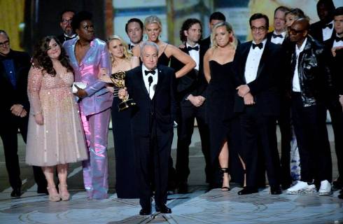 Lorne Michaels (C) and cast accepts the Outstanding Variety Sketch Series award for Saturday Night Live onstage during the 70th annual Primetime Emmy Awards at the Microsoft Theater in downtown Los Angeles on September 17, 2018.  LAP201809171071 JIMxRUYMEN