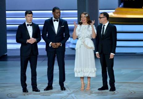 (L-R) Colin Jost, Michael Che, Maya Rudolph, and Fred Armisen appear onstage during the 70th annual Primetime Emmy Awards at the Microsoft Theater in downtown Los Angeles on September 17, 2018.  LAP201809171127 JIMxRUYMEN