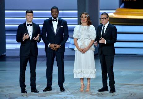 (L-R) Colin Jost, Michael Che, Maya Rudolph, and Fred Armisen appear onstage during the 70th annual Primetime Emmy Awards at the Microsoft Theater in downtown Los Angeles on September 17, 2018.  LAP201809171128 JIMxRUYMEN