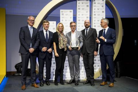 Belgian Prime Minister Charles Michel and Artexis Group CEO Eric Everard pictured during the award ceremony for the the Entreprise de l annee (French-speaking company of the year), Monday 15 October 2018, in Brussels.  JASPERxJACOBS 05448586