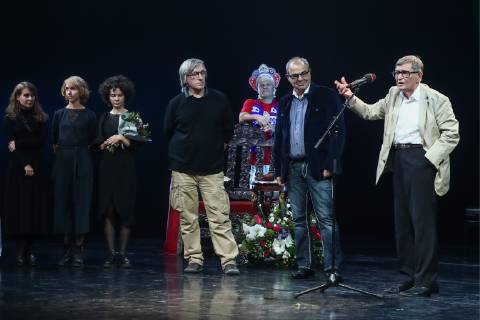 MOSCOW, RUSSIA - OCTOBER 22, 2018: Stage director Dmitry Krymov (L front) awarded the Best Stage Production prize at a ceremony for the 27th Crystal Turandot Award, an independent theatre prize, held at Moscow s Vakhtangov Theatre. Valery Sharifulin TASS  TS094CD0