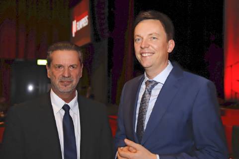 Jürgen Fried und Tobias Hans bei der 8. Verleihung des Günter Rohrbach Filmpreises 2018 in der Neuen Gebläsehalle Neunkirchen. Neunkirchen, 02.11.2018
