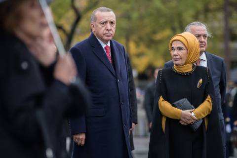 Turkish President Recep Tayyip Erdogan and his wife leave the ceremony at the Arc de Triomphe in Paris on November 11, 2018 as part of commemorations marking the 100th anniversary of the 11 November 1918 armistice, ending World War I. Copyright: xAurelienxMorissardx