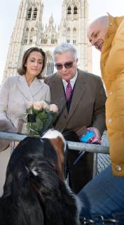 Prince Laurent and Princess Claire of Belgium meet a royalty fan and his dog after the Te Deum mass, on the occasion of the King s Feast, at the Saint Michael and St Gudula Cathedral (Cathedrale Saints Michel et Gudule Sint-Michiels- en Sint-Goedelekathedraal), in Brussels, Thursday 15 November 2018.  BENOITxDOPPAGNE 05470365