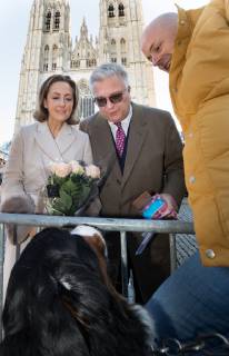 Prince Laurent and Princess Claire of Belgium meet a royalty fan and his dog after the Te Deum mass, on the occasion of the King s Feast, at the Saint Michael and St Gudula Cathedral (Cathedrale Saints Michel et Gudule Sint-Michiels- en Sint-Goedelekathedraal), in Brussels, Thursday 15 November 2018.  BENOITxDOPPAGNE 05470366