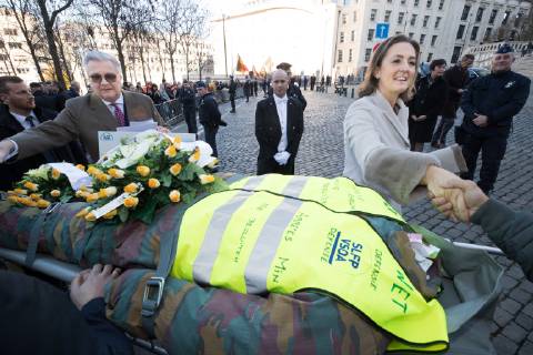 Prince Laurent and Princess Claire of Belgium pictured with a protest action of the Belgian Defence after the Te Deum mass, on the occasion of the King s Feast, at the Saint Michael and St Gudula Cathedral (Cathedrale Saints Michel et Gudule Sint-Michiels- en Sint-Goedelekathedraal), in Brussels, Thursday 15 November 2018.  BENOITxDOPPAGNE 05470362