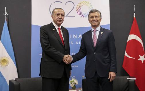 December 1, 2018 - Buenos Aires, Argentina - Argentine President Mauricio Macri, right, shakes hands with Turkish President Recep Tayyip Erdogan before a bilateral meeting on the sidelines of the G20 Summit meeting at the Costa Salguero Center December 1, 2018 in Buenos Aires, Argentina. Buenos Aires Argentina - ZUMAp138 20181201_zaa_p138_038 Copyright: xG20xArgentinax