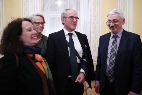 MOSCOW, RUSSIA – DECEMBER 11, 2018: France s Ambassador to Russia Sylvie Bermann (L), Germany s Ambassador to Russia Ruediger von Fritsch (C), his wife Huberta (2nd L), and Oleg Orlov (R), president of the Memorial human rights centre council, at a ceremony to award human rights activist Oyub Titiyev the Franco-German Prize for Human Rights and the Rule of Law, at the residence of the German Ambassador to Moscow. As Oyub Titiyev, head of the Grozny office of the Memorial human rights centre, charged with possession of marijuana, has been under arrest since 11 January 2018, he could not attend the ceremony. Starting from 2016, France and Germany have been awarding the prize to committed human rights defenders. Stanislav Krasilnikov TASS TS09ADAF