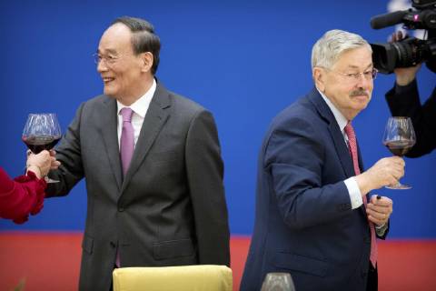 40th anniversary of China-U.S. relations Chinese Vice President Wang Qishan (L) and U.S. Ambassador to China Terry Branstad are pictured during a ceremony at the Great Hall of the People in Beijing on Jan. 10, 2019, to commemorate the 40th anniversary of the establishment of diplomatic relations between China and the United States. 