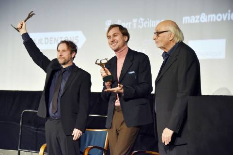 Bjarne Mädel, Lars Eidinger und Karl Dall bei der 61. Verleihung vom Ernst-Lubitsch-Preis 2019 im Kino Babylon. Berlin, 30.01.2019