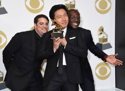 (L-R) Jason Cole, Hiro Murai and Ibra Ake appear backstage with their award for Best Music Video for This Is America , during the 61st annual Grammy Awards held at Staples Center in Los Angeles on February 10, 2019.  LAP20190210151 GREGGxDEGUIRE