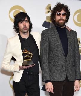 (L-R) Xavier de Rosnay and Gaspard Auge of Justice appear backstage with their award for Best Dance electronic Album for Woman Worldwide , during the 61st annual Grammy Awards held at Staples Center in Los Angeles on February 10, 2019.  LAP20190210473 GREGGxDEGUIRE