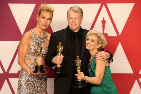 HOLLYWOOD, CALIFORNIA - FEBRUARY 24: Kate Biscoe, Greg Cannom and Patricia Dehaney in the press room during the 91st Annual Academy Awards at Hollywood and Highland on February 24, 2019 in Hollywood, California.. Copyright: xFayexSadoux