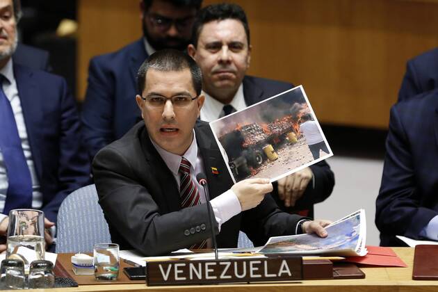 News Themen der Woche KW09 News Bilder des Tages (190226) -- UNITED NATIONS, Feb. 26, 2019 -- Venezuelan Foreign Minister Jorge Arreaza (Front) addresses a United Nations Security Council meeting on the situation in Venezuela at the UN headquarters in New York, on Feb. 26, 2019. The Security Council held the open meeting on the latest events in Venezuela at the request of the United States on Tuesday. ) UN-SECURITY COUNCIL-VENEZUELA-MEETING LixMuzi 