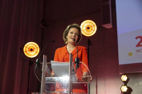 Queen Mathilde of Belgium delivers a speech at the 20th edition of the award ceremony of the Womed Award , for best female entrepreneur, organised by Markant and Unizo, Wednesday 27 February 2019 in Brussels.  HATIMxKAGHAT 05539684