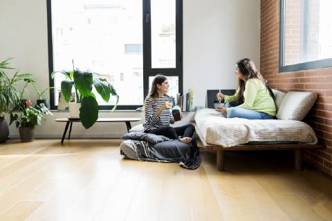 IMAGO Creative, Lifestyle, Leben in einer Wohngemeinschaft, WG Two happy young women having Asian takeaway food at home model released Symbolfoto property released VABF02047
