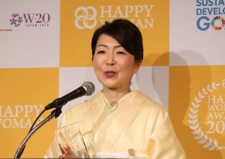 March 8, 2019, Tokyo, Japan - Japan s fashion magazine chief editor Hiromi Sogo delivers a speech as she receives the Happy Woman Award 2019 for SDGs on the International Women s Day in Tokyo on Friday, March 8, 2019. Five women were awarded as they contributed to the promotion of gender equality and UN s SDGs.  (98742899)