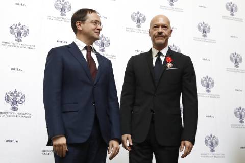 MOSCOW, RUSSIA â€“ MARCH 25, 2019: Russia s Culture Minister Vladimir Medinsky (L) presents film director Fyodor Bondarchuk with an Order of Alexander Nevsky at a ceremony to award state decorations to Russian artists and cultural workers in the atrium of the Bolshoi Theatre. Artyom Geodakyan TASS  TS0A5D55