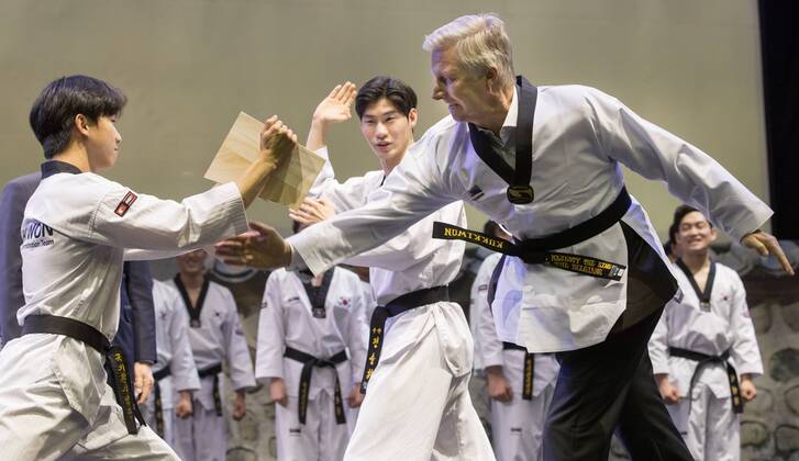 Entertainment Themen der Woche KW13 Entertainment Bilder des Tages King Philippe - Filip of Belgium pictured in action at a demonstration of Taekwondo exercices, during a visit to Kukkiwon World Taekwondo Headquarters, on the third day of a State Visit in Seoul, South Korea, Wednesday 27 March 2019. The Belgian Royal couple is on a four days state visit to South Korea.  BENOITxDOPPAGNE 05555954