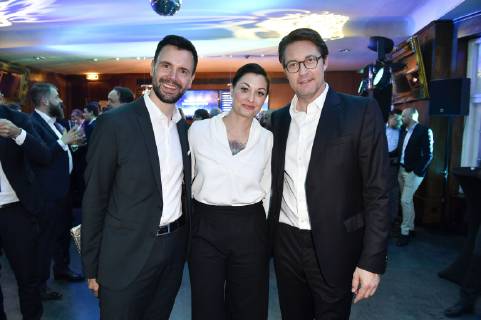 Felix Falk, Lina van de Mars und Andreas Scheuer bei der Verleihung des Deutschen Computerspielpreises 2019 im Admiralspalast. Berlin, 09.04.2019
