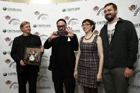 MOSCOW, RUSSIA - APRIL 16, 2019: Choreographer Yuri Posokhov, who has received the Best Balletmaster Best Choreographer in Ballet-Contemporary Dance award for the Nureev production at the Bolshoi Theatre in Moscow, and Russian stage and film director Kirill Serebrennikov (L-R) at the 2019 Golden Mask award ceremony at the Historic Stage of the Bolshoi Theatre. Artyom Geodakyan TASS  TS0A86D2