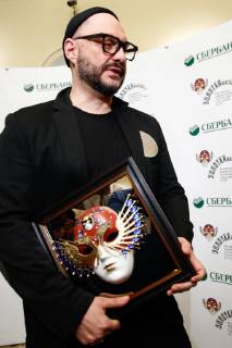 MOSCOW, RUSSIA - APRIL 16, 2019: Russian stage and film director Kirill Serebrennikov receives the Drama Best Director award for his production Little Tragedies at Moscow s Gogol Center Theatre at the 2019 Golden Mask award ceremony at the Historic Stage of the Bolshoi Theatre. Artyom Geodakyan TASS  TS0A8726