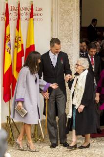 King Felipe VI of Spain, Queen Letizia and Uruguayan poet Ida Vitale (R) during the Cervantes Literature Prize ceremony at the University of Alcala in Madrid on April 23, 2019.  (20190423020)