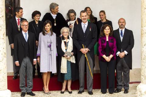 King Felipe VI of Spain, Queen Letizia and Uruguayan poet Ida Vitale during the Cervantes Literature Prize ceremony at the University of Alcala in Madrid on April 23, 2019.  (20190423038)