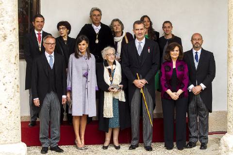 King Felipe VI of Spain, Queen Letizia and Uruguayan poet Ida Vitale during the Cervantes Literature Prize ceremony at the University of Alcala in Madrid on April 23, 2019.  (20190423039)