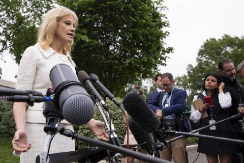 May 1, 2019 - Washington, District of Columbia, U.S. - Kellyanne Conway, counselor to United States President Donald Trump, speaks with members of the media on the West Wing driveway at the White House in Washington, D.C. on May 1, 2019. Credit: CNP Washington U.S. - ZUMAs152 20190501_zaa_s152_014 Copyright: xAlexxEdelmanx