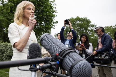 May 1, 2019 - Washington, District of Columbia, U.S. - Kellyanne Conway, counselor to United States President Donald Trump, speaks with members of the media on the West Wing driveway at the White House in Washington, D.C. on May 1, 2019. Credit: CNP Washington U.S. - ZUMAs152 20190501_zaa_s152_012 Copyright: xAlexxEdelmanx