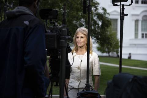 May 1, 2019 - Washington, District of Columbia, U.S. - Kellyanne Conway, counselor to United States President Donald Trump, participates in a television interview prior to speaking with members of the media in the West wing driveway at the White House in Washington, D.C. on May 1, 2019. Credit: CNP Washington U.S. - ZUMAs152 20190501_zaa_s152_004 Copyright: xAlexxEdelmanx
