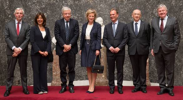 Professor Pierre Coulie, Brigitte Velkeniers, Michel Goldman, Princess Astrid of Belgium, Professor Cedric Blanpain, Jean Michel Foidart and Federation Wallonia - Brussels Minister of Higher Education, Research and Media Jean-Claude Marcourt pose after a royal visit to the ceremony for the 2018 edition of the AstraZeneca Foundation Award for biopharmaceutical research, Friday 03 May 2019 in Brussels.  BENOITxDOPPAGNE 05578306