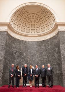 Professor Pierre Coulie, Brigitte Velkeniers, Michel Goldman, Princess Astrid of Belgium, Professor Cedric Blanpain, Jean Michel Foidart and Federation Wallonia - Brussels Minister of Higher Education, Research and Media Jean-Claude Marcourt pose after a royal visit to the ceremony for the 2018 edition of the AstraZeneca Foundation Award for biopharmaceutical research, Friday 03 May 2019 in Brussels.  BENOITxDOPPAGNE 05578307