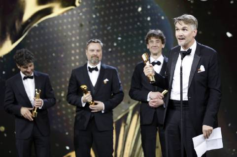 Andreas Turnwald, Uwe Dresch, Andre Zimmermann und Tobias Fleig bei der Verleihung des Deutschen Filmpreises 2019 in der Messe Berlin. Berlin, 03.05.2019