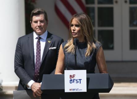 First lady Melania Trump speaks during the anniversary celebration of the BeBest campaign, an initiative advocating against cyberbullying and drug use. Copyright: xChrisxKleponisx