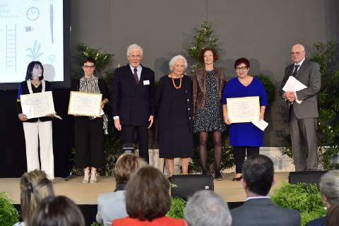 Queen Paola of Belgium and Federation Wallonia - Brussels Minister of Education and School Buildings Marie-Martine Schyns pictured during a ceremony for the Queen Paola Award 2018-2019 (Koningin Paolaprijs - Prix Reine Paola) for education, at the royal castle in Laken Laeken, Brussels, Wednesday 22 May 2019.  LAURIExDIEFFEMBACQ 2341196