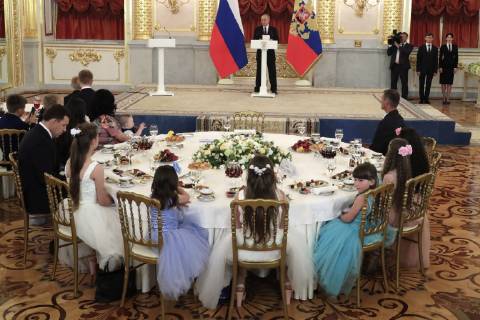 MOSCOW, RUSSIA - MAY 30, 2019: Russia s President Vladimir Putin addresses a ceremony to present Orders of Parental Glory to parents of large families at the Moscow Kremlin. Mikhail Metzel TASS  TS0AD4EB