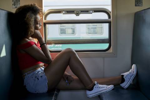Young woman on a train looking out of window model released Symbolfoto property released VEGF00056