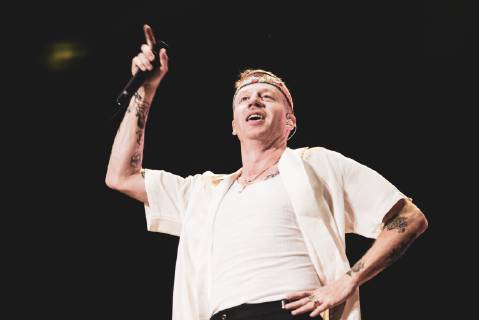 Italy: Macklemore 2019 The American rapper and songwriter Macklemore, real name Benjamin Hammond Haggerty, performing live on stage for his Italian tour in Barolo, at the Collisioni Festival 2019. FOR EDITORIAL USE ONLY - Alessandro Bosio Barolo Cuneo Italy Collisioni Festival AlessandroxBosio