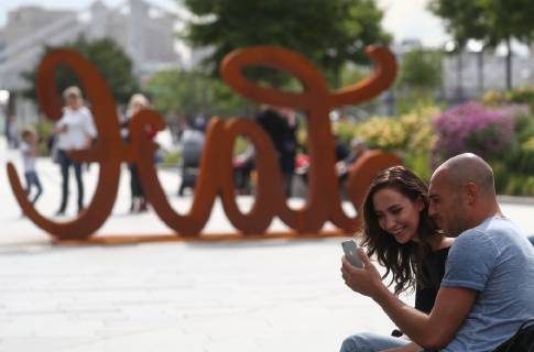 MOSCOW, RUSSIA - JULY 13, 2019: Love Hate, a mobile ambigram sculpture by German contemporary artist Mia Florentine Weiss, unveiled at Muzeon Park as part of her European tour in support of the LoveEurope art action. Stanislav Krasilnikov TASS  TS0B2FE7