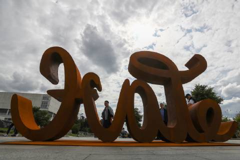MOSCOW, RUSSIA - JULY 13, 2019: Love Hate, a mobile ambigram sculpture by German contemporary artist Mia Florentine Weiss, unveiled at Muzeon Park as part of her European tour in support of the LoveEurope art action. Stanislav Krasilnikov TASS  TS0B2FF4