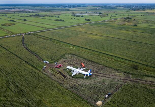 MOSCOW REGION, RUSSIA - AUGUST 16, 2019: An aerial view of the Ural Airlines Airbus A321 plane in a cornfield near Zhukovsky International Airport. The aircraft bound for Simferopol made an emergency landing due to an engine fire on August 15, 2019. Dmitry Golubovich TASS  TS0B6B70