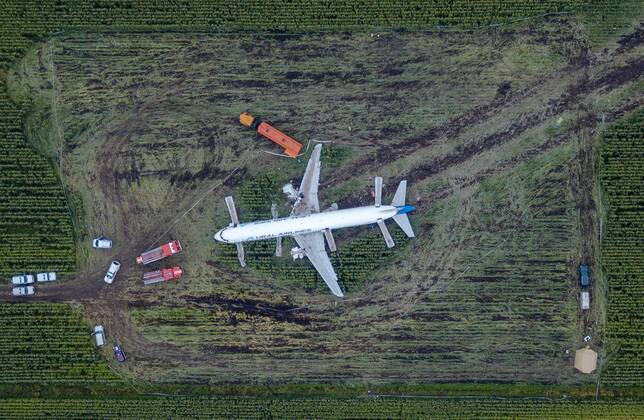 MOSCOW REGION, RUSSIA - AUGUST 16, 2019: An aerial view of the Ural Airlines Airbus A321 plane in a cornfield near Zhukovsky International Airport. The aircraft bound for Simferopol made an emergency landing due to an engine fire on August 15, 2019. Dmitry Golubovich TASS  TS0B6B76