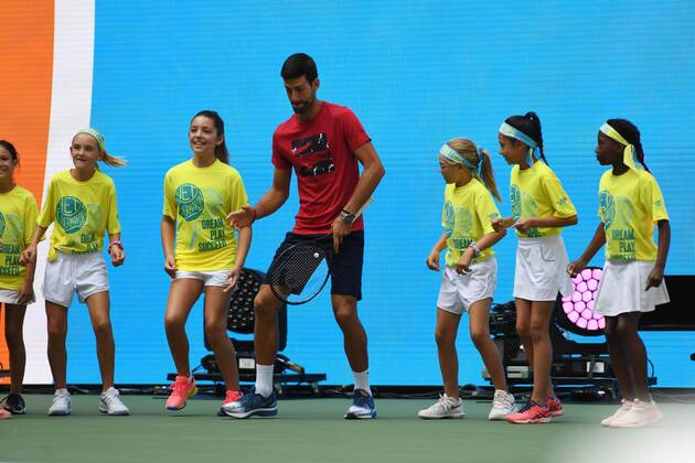 FLUSHING NY- AUGUST 24: Novak Djokovic is seen dancing with the stars of the net generation during Arthur Ashe Kids Day at the USTA Billie Jean King National Tennis Center on August 24, 2019 in Flushing Queens. Copyright: xMPI04x xMediaPunchx