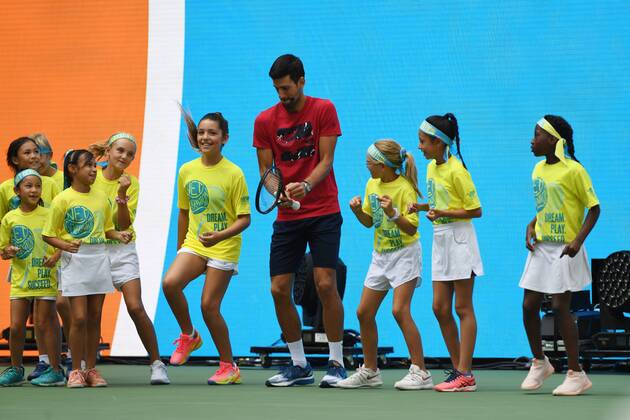 FLUSHING NY- AUGUST 24: Novak Djokovic is seen dancing with the stars of the net generation during Arthur Ashe Kids Day at the USTA Billie Jean King National Tennis Center on August 24, 2019 in Flushing Queens. Copyright: xMPI04x xMediaPunchx
