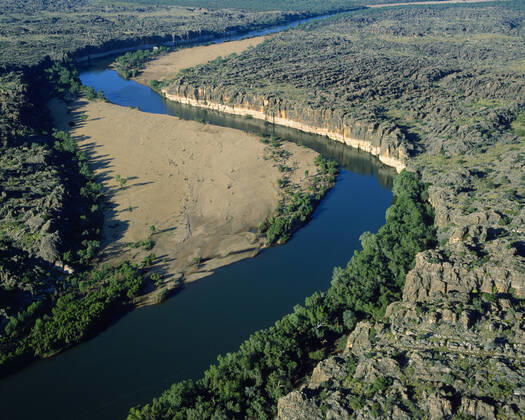Western Australia - river cutting through ancient limestone coral reef formed during Devonian Period (350 million years ago). Kimberley Geikie Gorge National Park, Fitzroy River, Western Australia.  Copyright: Jean-PaulxFerrero 10765110