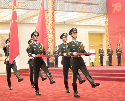 (190929) -- BEIJING, Sept. 29, 2019 -- Guards of honor escort the Medal of the Republic, the Friendship Medal and the Medal for recipients of national honorary titles during the presentation ceremony in the Great Hall of the People in Beijing, capital of China, Sept. 29, 2019. China held the presentation ceremony of the national medals and honorary titles on Sunday at the Great Hall of the People, ahead of the 70th anniversary of the founding of the People s Republic of China (PRC) on Oct. 1. ) CHINA-BEIJING-NATIONAL MEDALS-HONORARY TITLES-PRC FOUNDING-70TH ANNIVERSARY (CN) DingxHaitao 