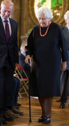 Queen Paola of Belgium pictured during a royal visit to the ceremony ceremony for the Terre d avenir Focus Aarde science awards in Brussels Academy palace, Wednesday 09 October 2019. This award is an initiative of Queen Paola foundation organised in collaboration with Dirk Frimout foundation.  BENOITxDOPPAGNE 05683435